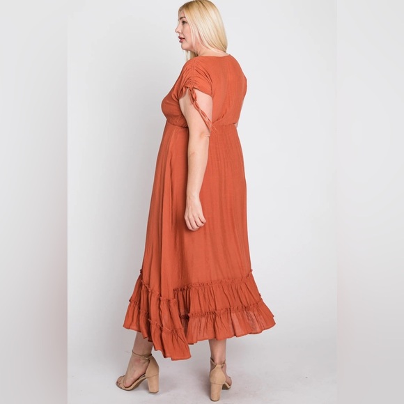 ARULA Dress Women's Size 1X Rust Orange Maxi Ruffle Hem Dolman Sleeves V-Neck - Picture 8 of 16